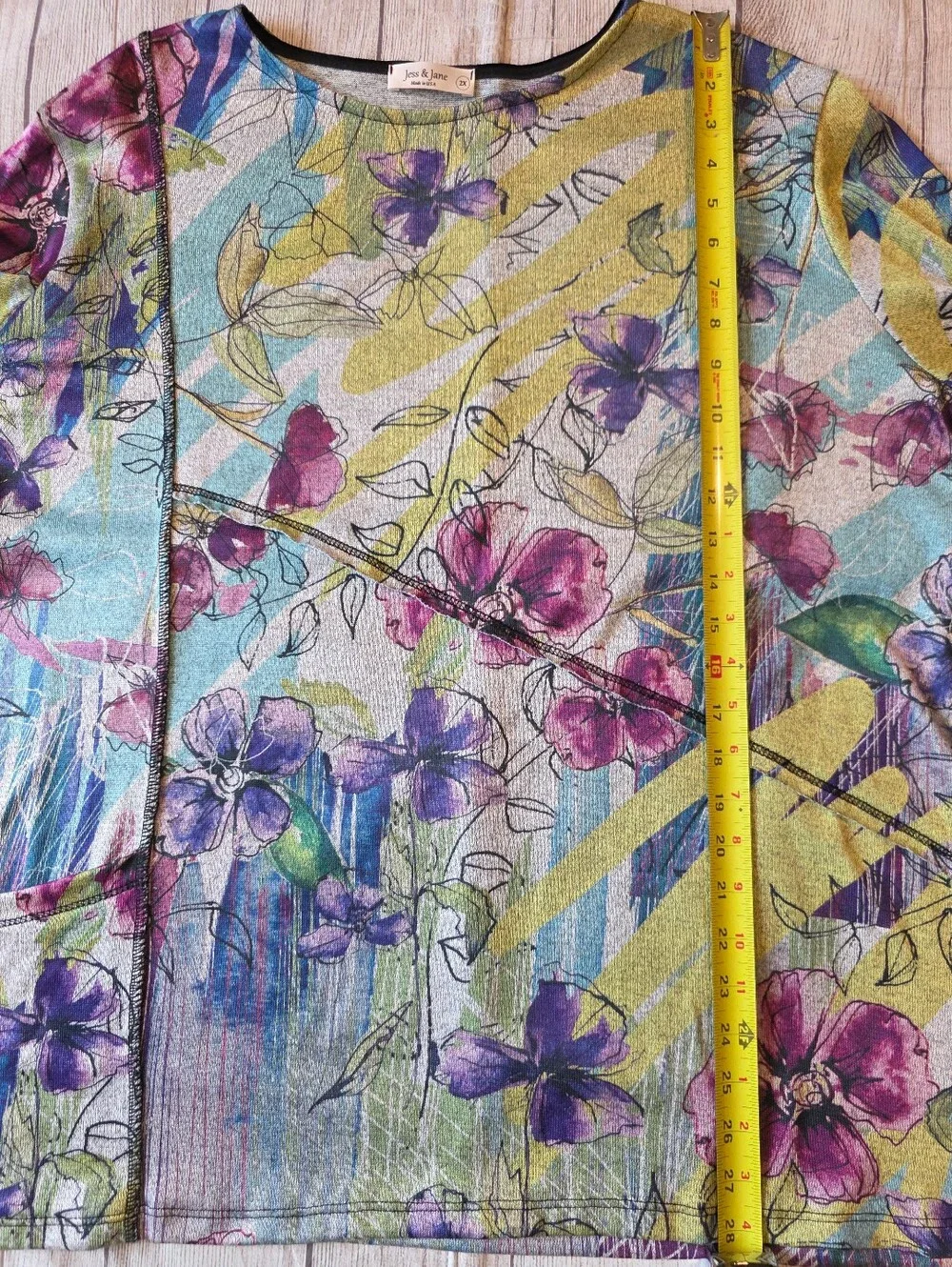 Jess & Jane Size 2X Rebecca 3/4 Sleeve Floral tunic flowy boho pocket Lagenlook